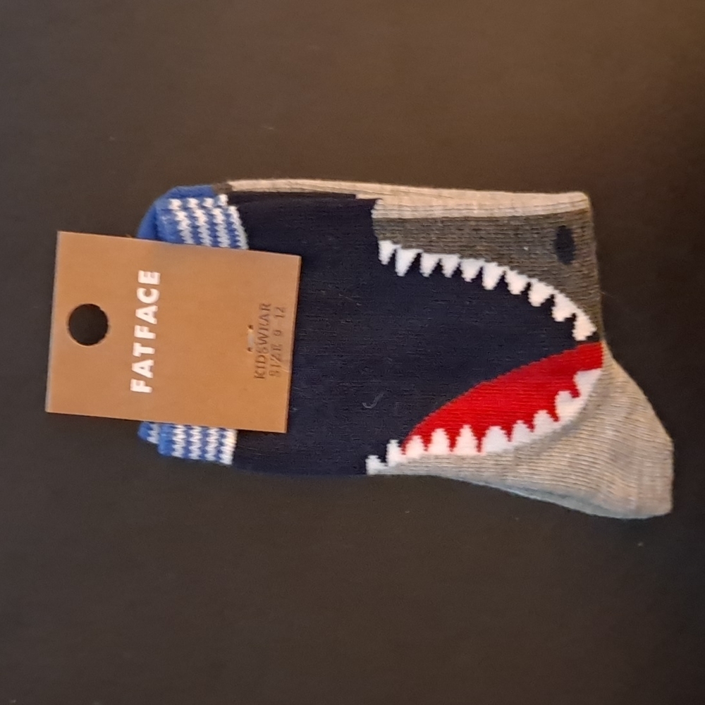Fat Face, shark Kids Socks, navy, size 9.5 to 12.5  NWT